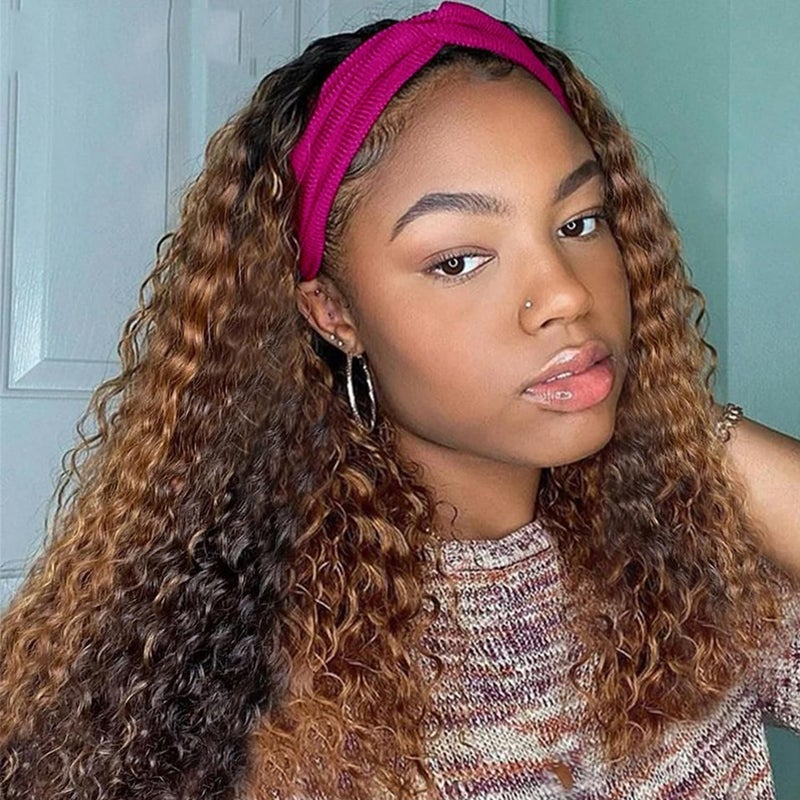 Blonde Highlight Headband Wig 427 Highglight Wig Headband Wig Human Hair Deep Wave Ombre Headband Wigs for Black Women None Lace Front Machine Made Human Hair Wig 150 Density 16inch